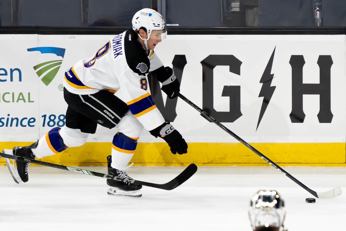 Ontario Reign forward Martin Chromiak (8) brings up the puck during an AHL game against the Henderson Silver Knights, Saturday, Oct. 17, 2026, in Ontario, California. Ontario Reign forward Martin Chromiak (8) brings up the puck during an AHL game against the Henderson Silver Knights, Saturday, Oct. 17, 2026, in Ontario, California.