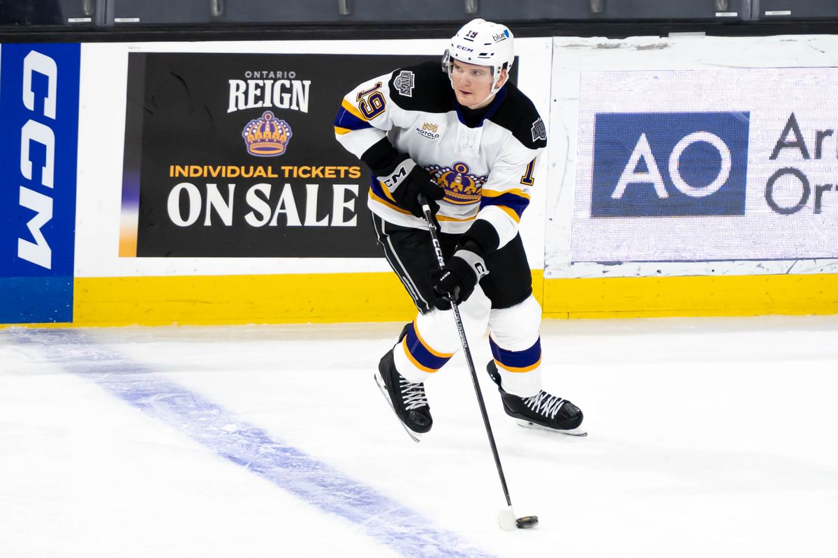 Ontario Reign Kirill Kirsanov (19) look for someone to pass to during an AHL game against the Henderson Silver Knights, Saturday, Oct. 17, 2026, in Ontario, California Ontario Reign Kirill Kirsanov (19) look for someone to pass to during an AHL game against the Henderson Silver Knights, Saturday, Oct. 17, 2026, in Ontario, California