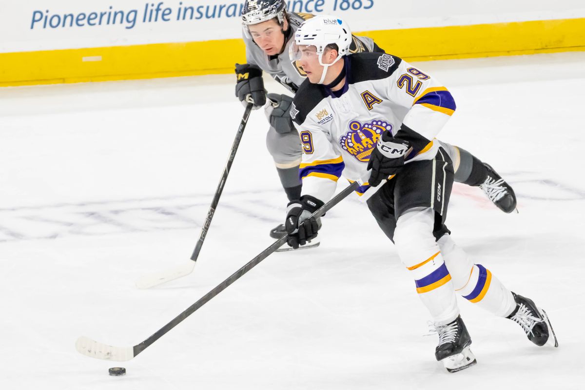 Ontario Reign center Lane Pederson (29) goes on the attack a during an AHL game against the Henderson Silver Knights, Saturday, Oct. 17, 2026, in Ontario, California. Ontario Reign center Lane Pederson (29) goes on the attack a during an AHL game against the Henderson Silver Knights, Saturday, Oct. 17, 2026, in Ontario, California.