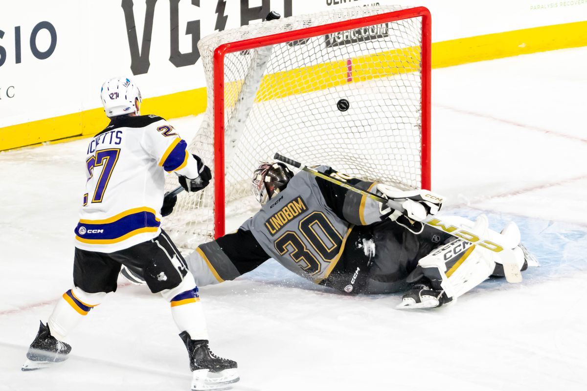 Ontario Reign Joe Hicketts (27) scores a goal during an AHL game against the Henderson Silver Knights, Saturday, Oct. 17, 2026, in Ontario, California. Ontario Reign Joe Hicketts (27) scores a goal during an AHL game against the Henderson Silver Knights, Saturday, Oct. 17, 2026, in Ontario, California.