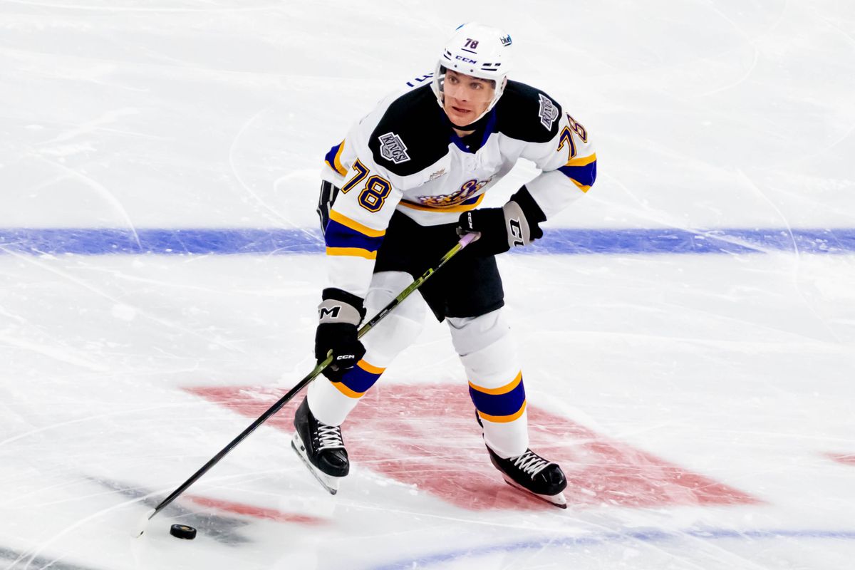 Ontario Reign forward Jared Wright (81) brings up the puck during an AHL game against the Calgary Wranglers, Tuesday, Oct. 20, 2026, in Ontario, California. Ontario Reign forward Jared Wright (81) brings up the puck during an AHL game against the Calgary Wranglers, Tuesday, Oct. 20, 2026, in Ontario, California.