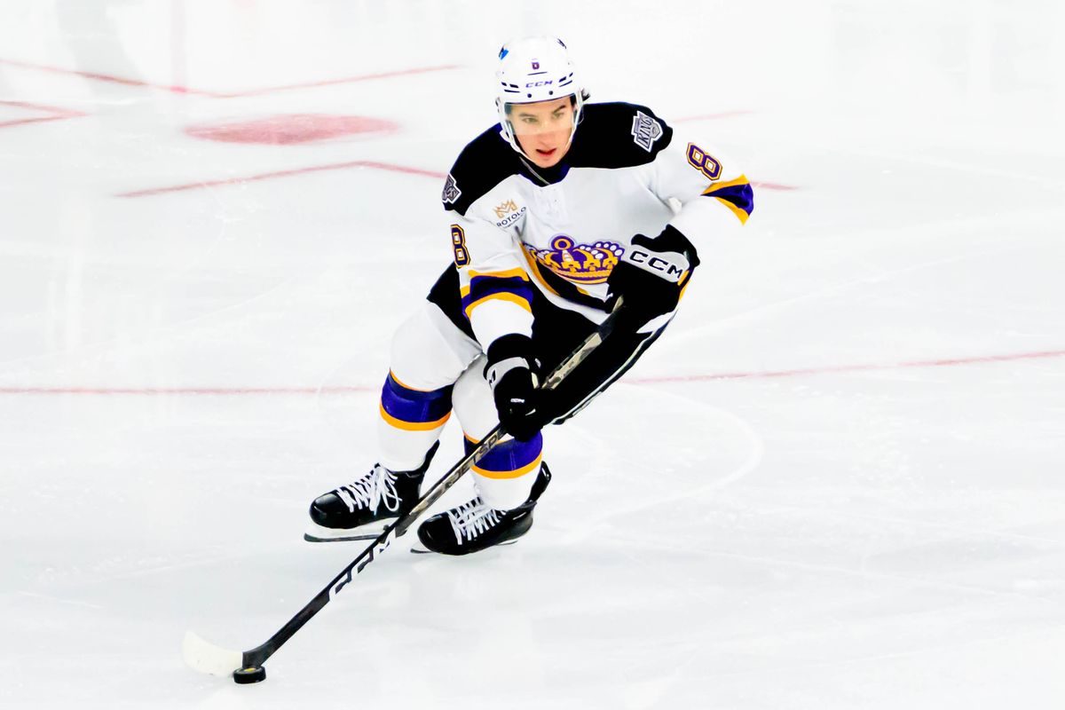 Ontario Reign forward Martin Chromiak (8) goes on the attack a during an AHL game against the Calgary Wranglers, Tuesday, Oct. 20, 2026, in Ontario, California. Ontario Reign forward Martin Chromiak (8) goes on the attack a during an AHL game against the Calgary Wranglers, Tuesday, Oct. 20, 2026, in Ontario, California.