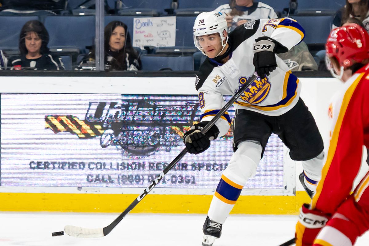Ontario Reign forward Jared Wright (78) passes the puck during an AHL game against the Calgary Wranglers, Tuesday, Oct. 20, 2026, in Ontario, California. Ontario Reign forward Jared Wright (78) passes the puck during an AHL game against the Calgary Wranglers, Tuesday, Oct. 20, 2026, in Ontario, California.