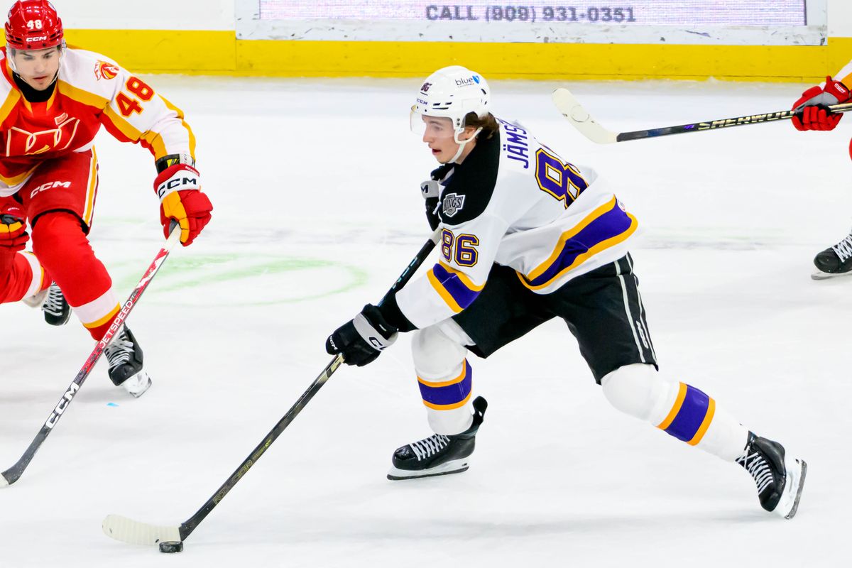 Ontario Reign forward Aatu Jänsen (86) looks to get through defenders during an AHL game against the Calgary Wranglers, Tuesday, Oct. 20, 2026, in Ontario, California. Ontario Reign forward Aatu Jänsen (86) looks to get through defenders during an AHL game against the Calgary Wranglers, Tuesday, Oct. 20, 2026, in Ontario, California.