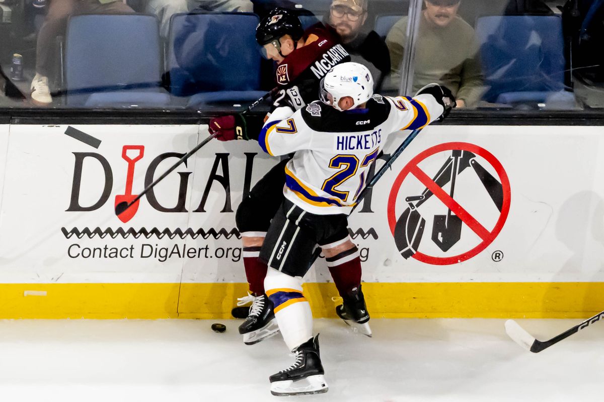 Ontario Reign defender Joe Hicketts (27) battles for the puck during an AHL game against the Tucson Roadrunners, Friday, Oct. 30, 2026, in Ontario, California. Ontario Reign defender Joe Hicketts (27) battles for the puck during an AHL game against the Tucson Roadrunners, Friday, Oct. 30, 2026, in Ontario, California.