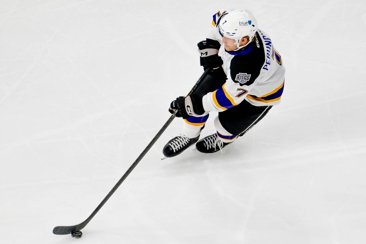 Ontario Reign defender Scott Perunovich (7) enters the offensive zone during an AHL game against the Tucson Roadrunners, Friday, Oct. 30, 2026, in Ontario, California. Ontario Reign defender Scott Perunovich (7) enters the offensive zone during an AHL game against the Tucson Roadrunners, Friday, Oct. 30, 2026, in Ontario, California.