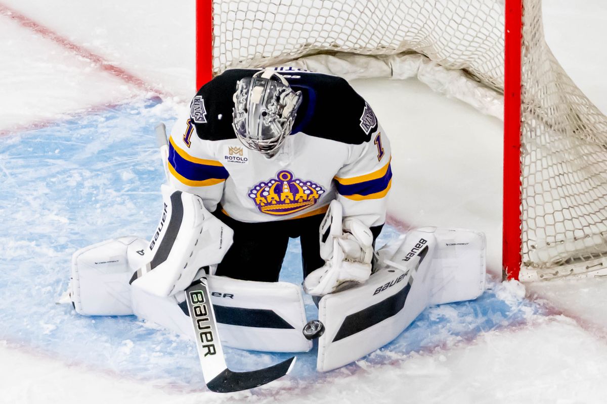 Ontario Reign goalie Erik Portillo (1) blocks a shot during an AHL game against the Tucson Roadrunners, Friday, Oct. 30, 2026, in Ontario, California. Ontario Reign goalie Erik Portillo (1) blocks a shot during an AHL game against the Tucson Roadrunners, Friday, Oct. 30, 2026, in Ontario, California.