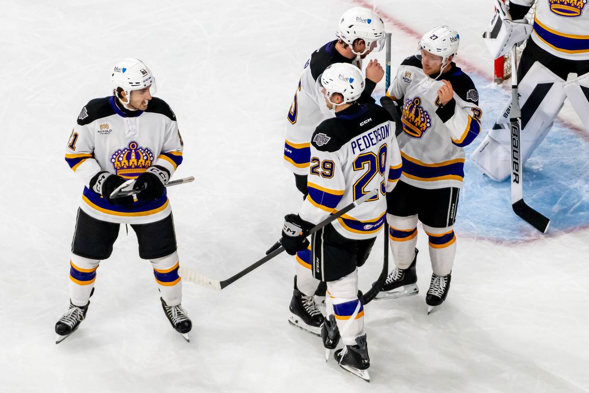 Ontario Reign defender Joe Hicketts (27), center Lane Pederson (29) and forward Cole Guttman (81) during a stop in play during an AHL game against the Tucson Roadrunners, Friday, Oct. 30, 2026, in Ontario, California. Ontario Reign defender Joe Hicketts (27), center Lane Pederson (29) and forward Cole Guttman (81) during a stop in play during an AHL game against the Tucson Roadrunners, Friday, Oct. 30, 2026, in Ontario, California.