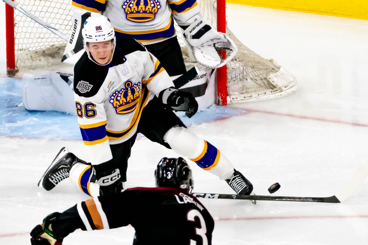 Ontario Reign forward Aatu Jänsen (86) blocks a shot during an AHL game against the Tucson Roadrunners, Friday, Oct. 30, 2026, in Ontario, California. Ontario Reign forward Aatu Jänsen (86) blocks a shot during an AHL game against the Tucson Roadrunners, Friday, Oct. 30, 2026, in Ontario, California.