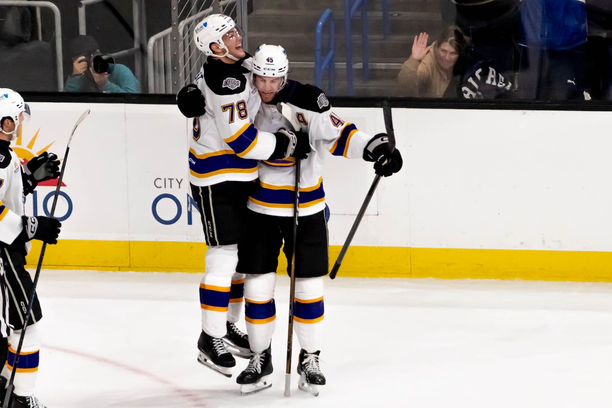 Ontario Reign players celebrate a goal during an AHL game against the Tucson Roadrunners, Friday, Oct. 30, 2026, in Ontario, California. Ontario Reign players celebrate a goal during an AHL game against the Tucson Roadrunners, Friday, Oct. 30, 2026, in Ontario, California.