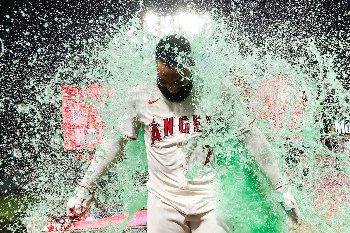 Los Angeles Angels outfielder Jo Adell (7) celebrates after a walk-off against the Los Angeles Dodgers Tuesday August 12th, 2025 at Angel's Stadium in Anaheim, Calif.