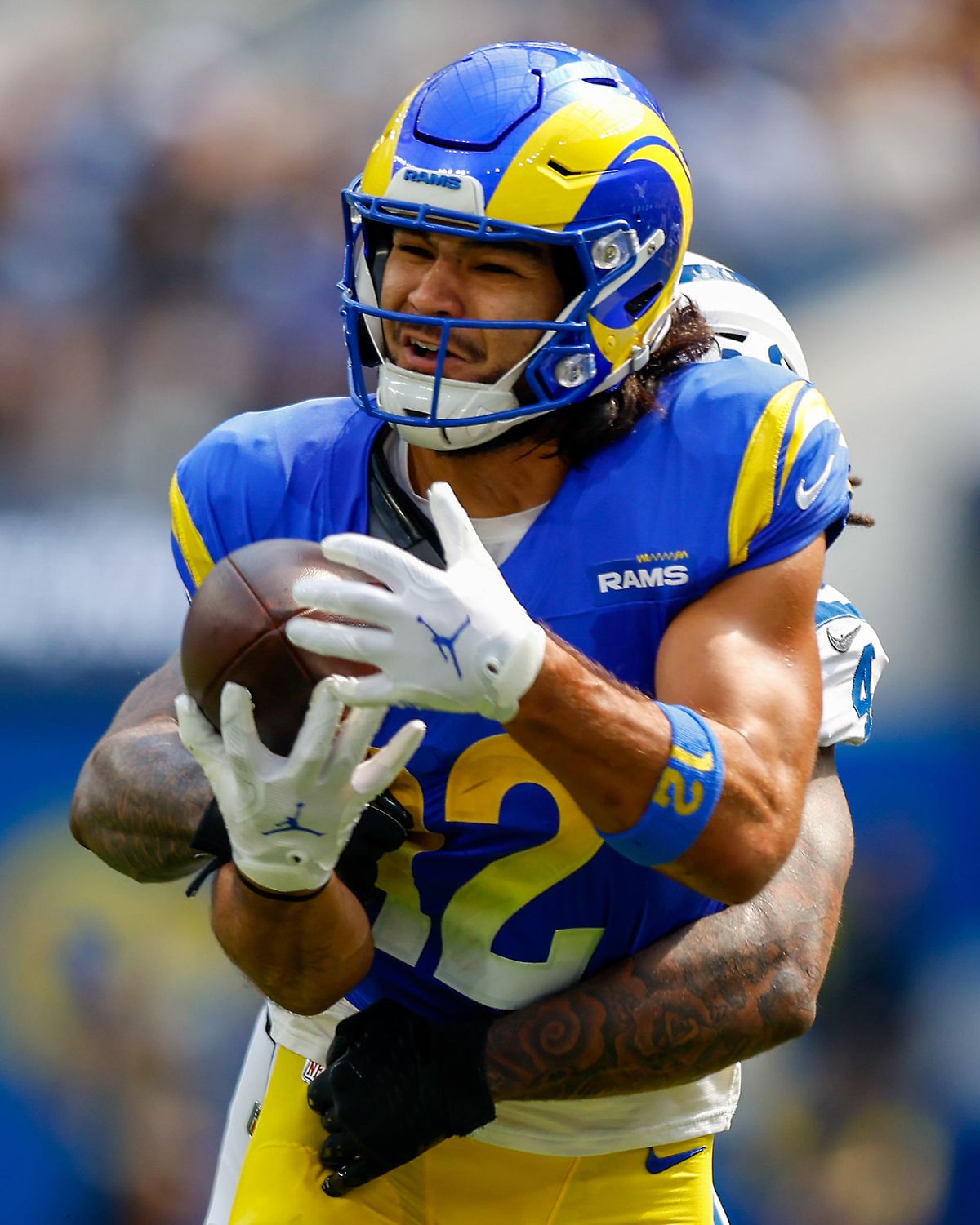 Los Angeles Rams Puka Nacua #12 catches the ball at SoFi Stadium on September 28, 2025 in Inglewood, Calif.