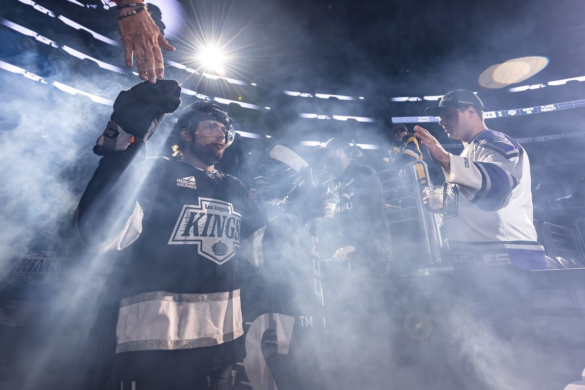 Right wing Alex Laferriere #14 of the Los Angeles Kings walks out of the tunnel to the ice during an NHL game against the Pittsburgh Penguins at the Crypto.com Arena on October 16, 2025 in Los Angeles, California.