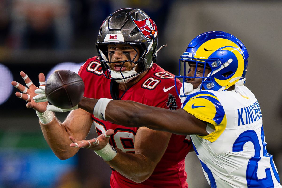 Los Angeles Rams cornerback, Cam Kinchens (26) breaking up a pass during an NFL football game against the Tampa Bay Buccaneers on November 15, 2025 in Los Angeles, CA.