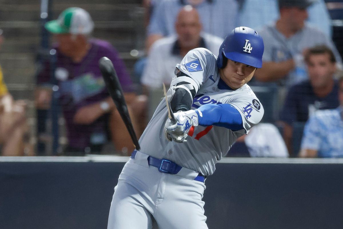 Shohei Ohtani #17 of the Los Angeles Dodgers breaks his bat on a single against the Tampa Bay Rays at Steinbrenner Field on August 1, 2025 in Tampa, Florida. 