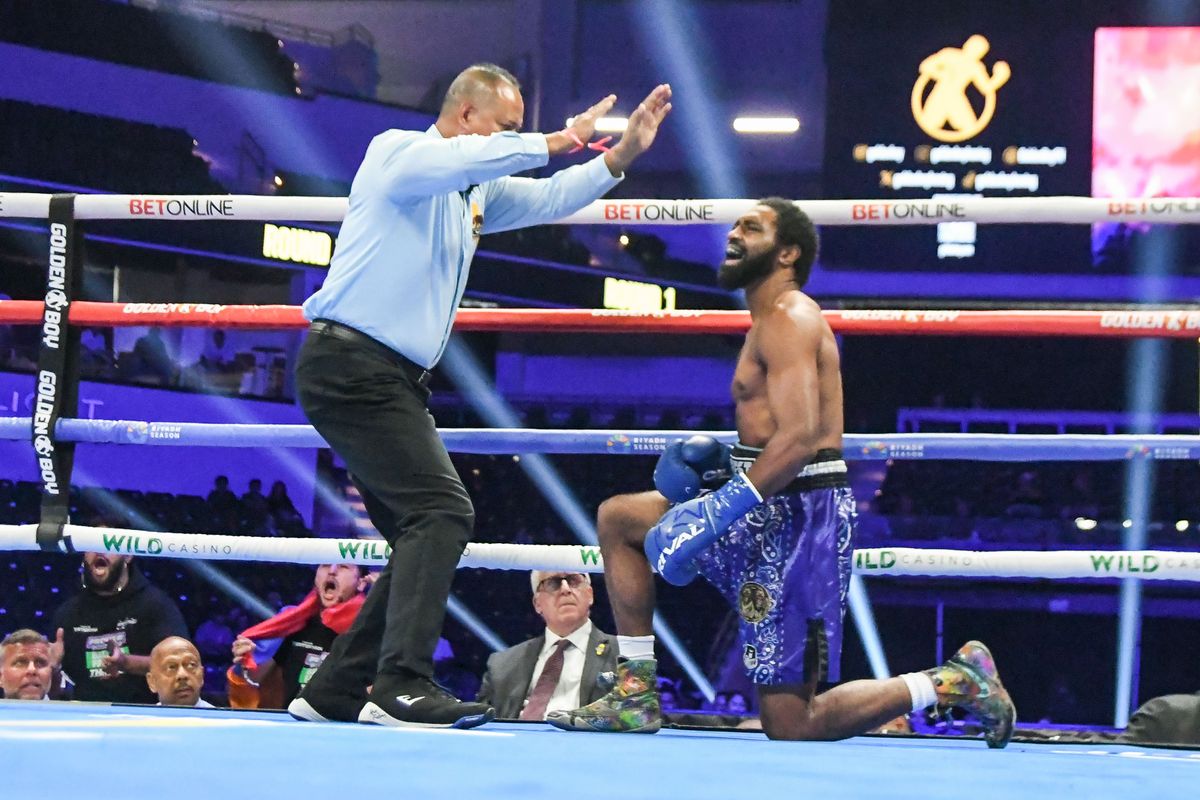  DePriest Johnson stays down for the 10 count during an Professional Boxing  match. Saturday June 20, 2026 in  Oceanside, California.