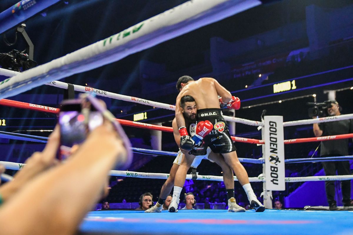 Yair Gallardo is held by Buneet Bisla during an Professional Boxing  match. Saturday June 20, 2026 in  Oceanside, California.