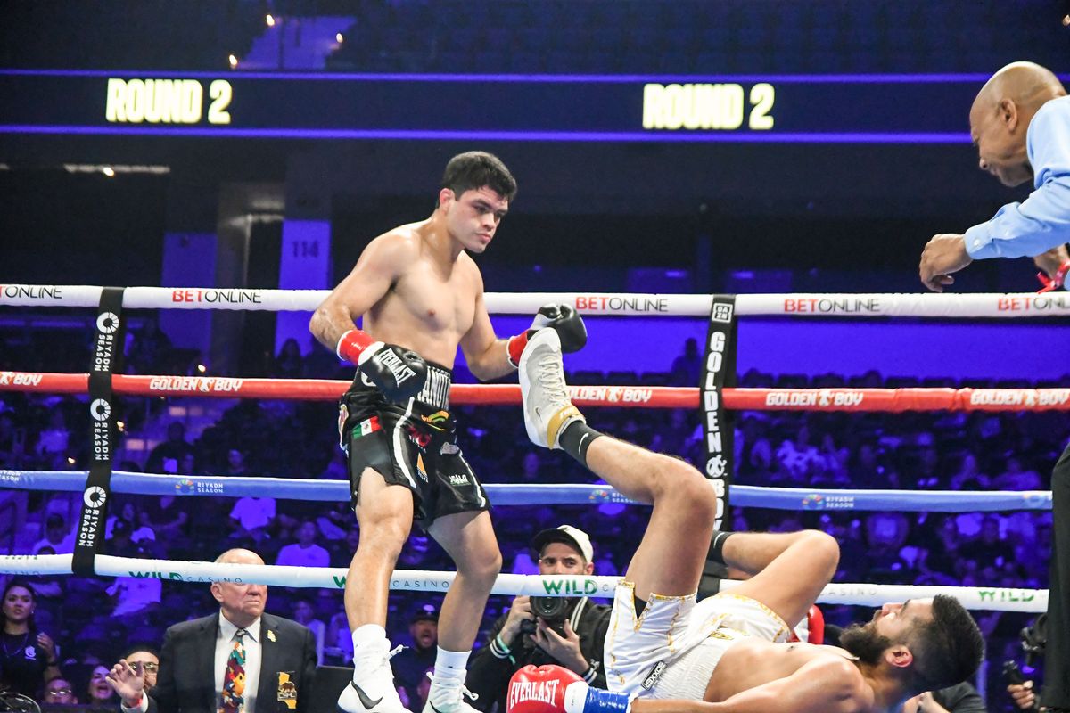 Yair Gallardo scores a knockdown of  Buneet Bisla during an Professional Boxing  match. Saturday June 20, 2026 in  Oceanside, California.