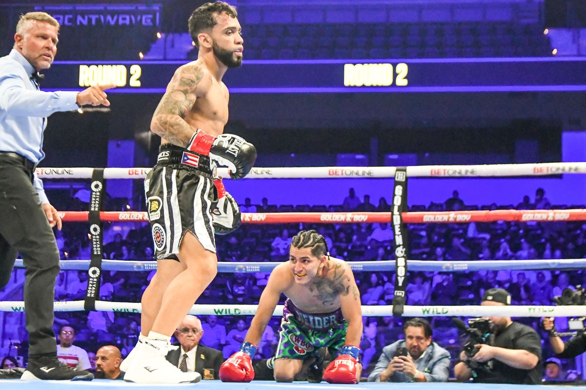 Oscar Collazo knocks down Neider Valdez during an Professional Boxing  match. Saturday June 20, 2026 in  Oceanside, California.