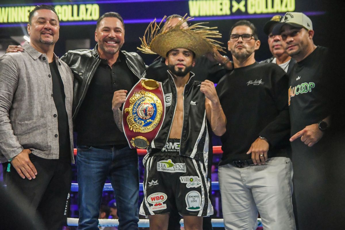 Oscar Collazo and Oscar DeLa Hoya react to a knockout victory following a Professional Boxing match. Saturday June 20, 2026 in Oceanside, California. Oscar Collazo and Oscar DeLa Hoya react to a knockout victory following a Professional Boxing match. Saturday June 20, 2026 in Oceanside, California.