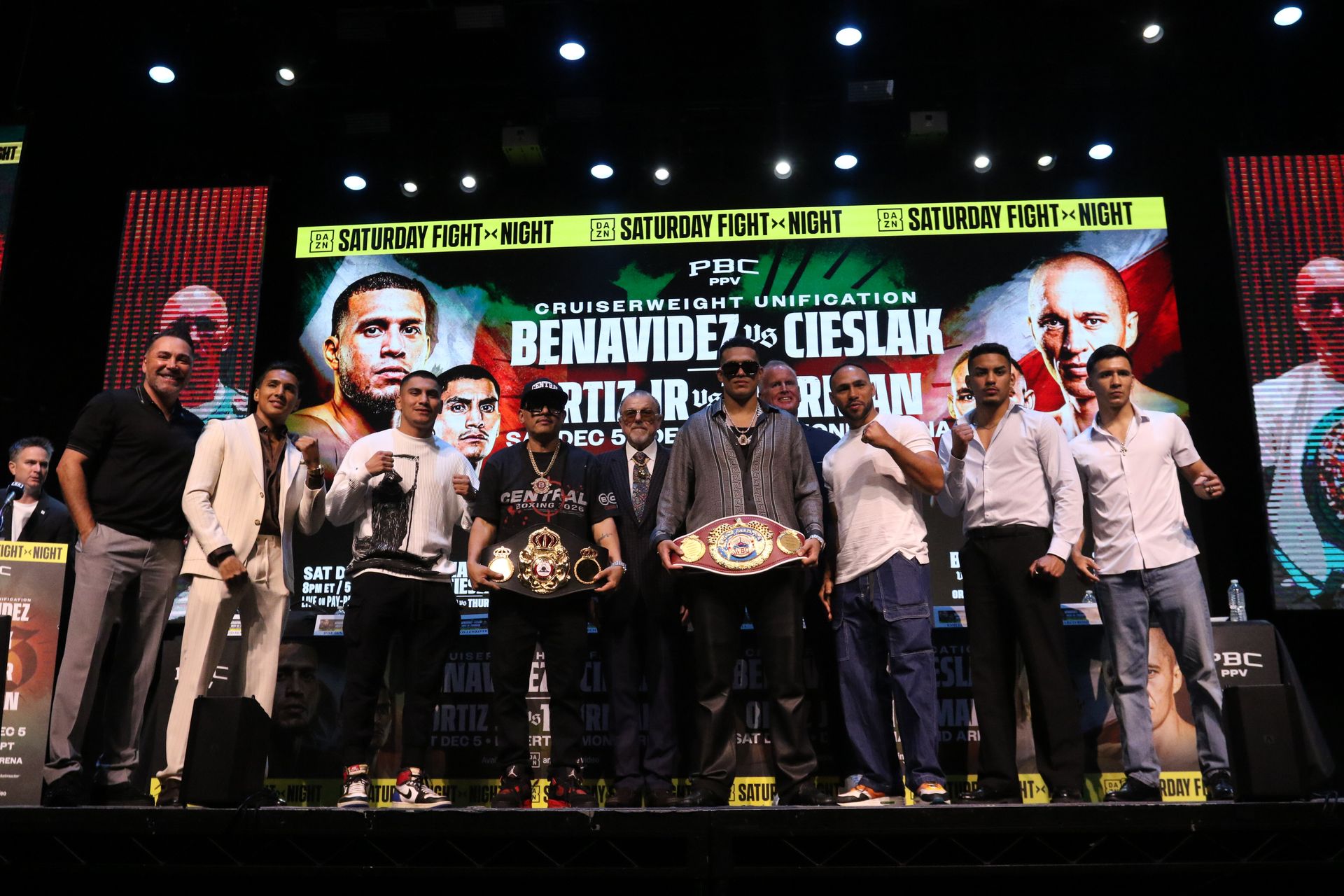 The Benavidez-Cieslak main card gathers for a final photo at Wednesday's press conference in Hollywood, Ca.