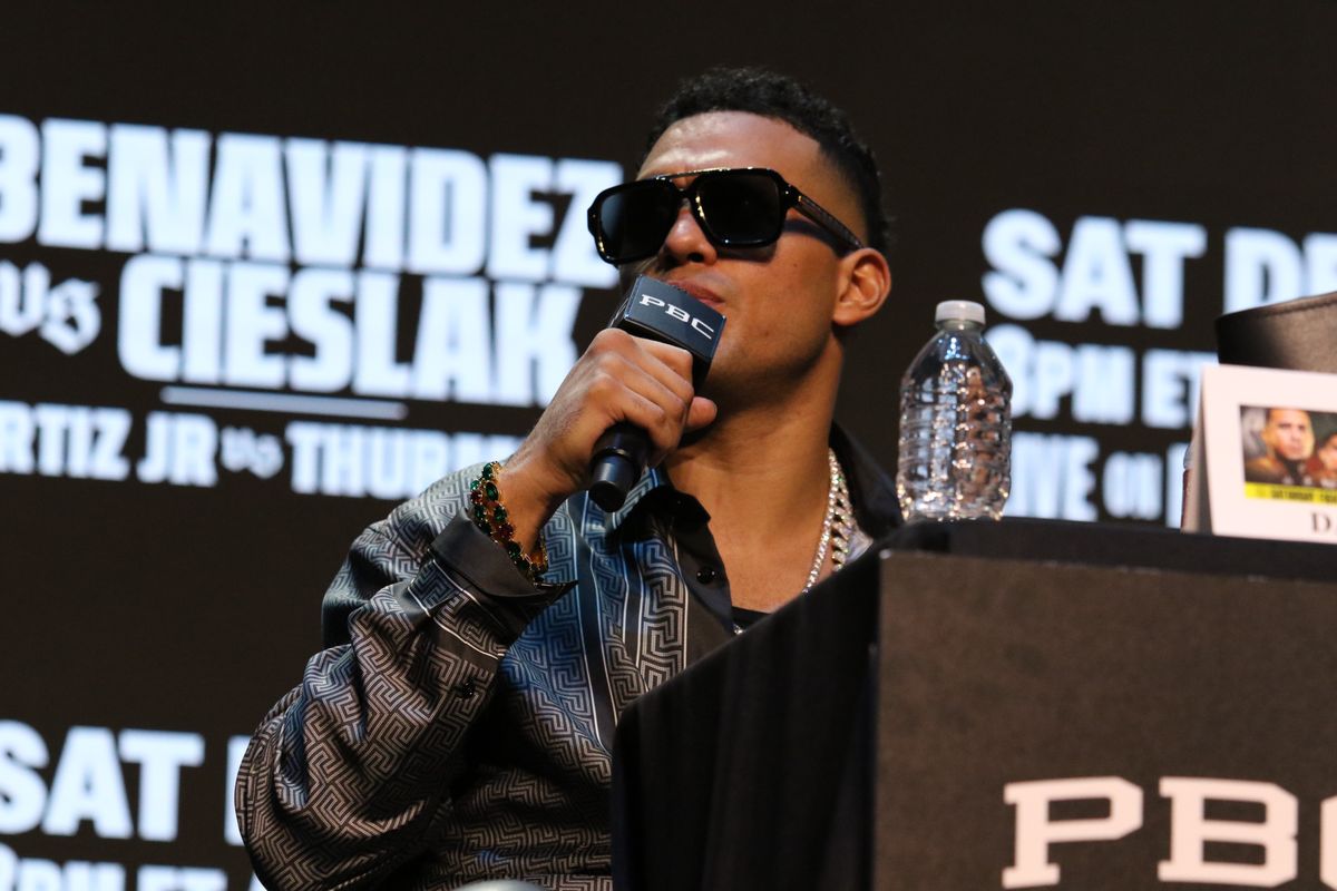 David Benavidez responds to host Chris Mannix at Wednesday's press conference in Hollywood, Ca.