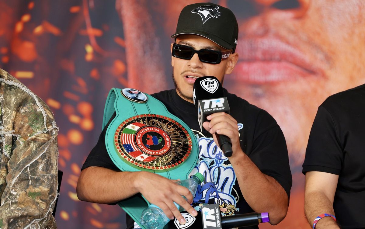 Albert 'Chop Chop' Gonzalez speaks with media while holding his NABF title belt during Wednesday's press conference ahead of his Oct. 24 co-feature bout against Edward Vazquez. Albert 'Chop Chop' Gonzalez speaks with media while holding his NABF title belt during Wednesday's press conference ahead of his Oct. 24 co-feature bout against Edward Vazquez.