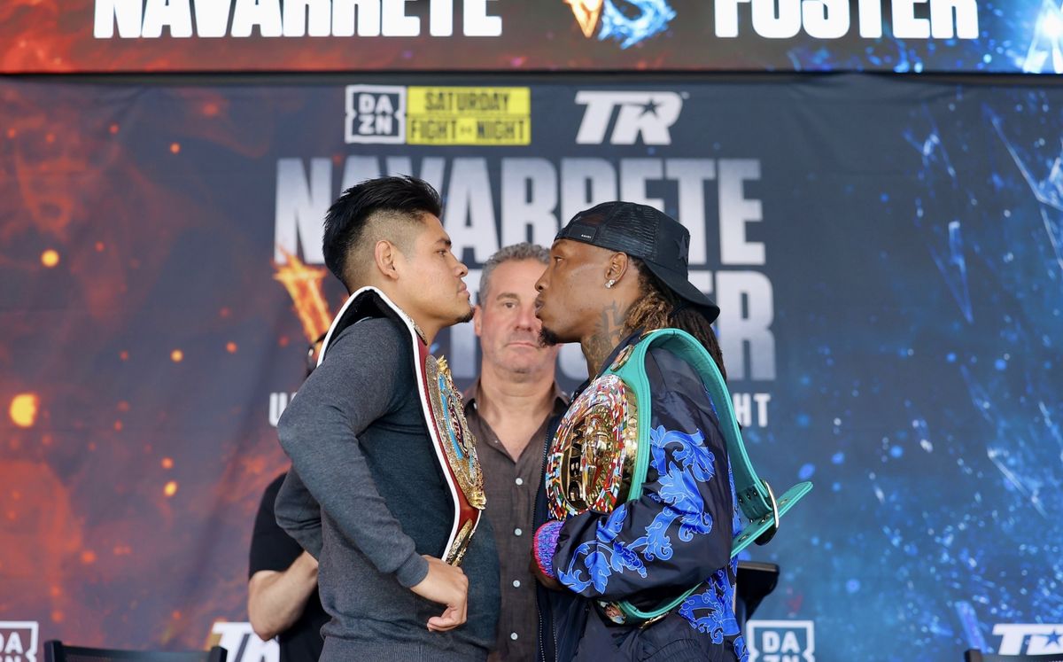 Emanuel Navarrete (left) and O'Shaquie Foster face off during Wednesday's press conference ahead of their Oct. 24 super featherweight unification bout. Emanuel Navarrete (left) and O'Shaquie Foster face off during Wednesday's press conference ahead of their Oct. 24 super featherweight unification bout.
