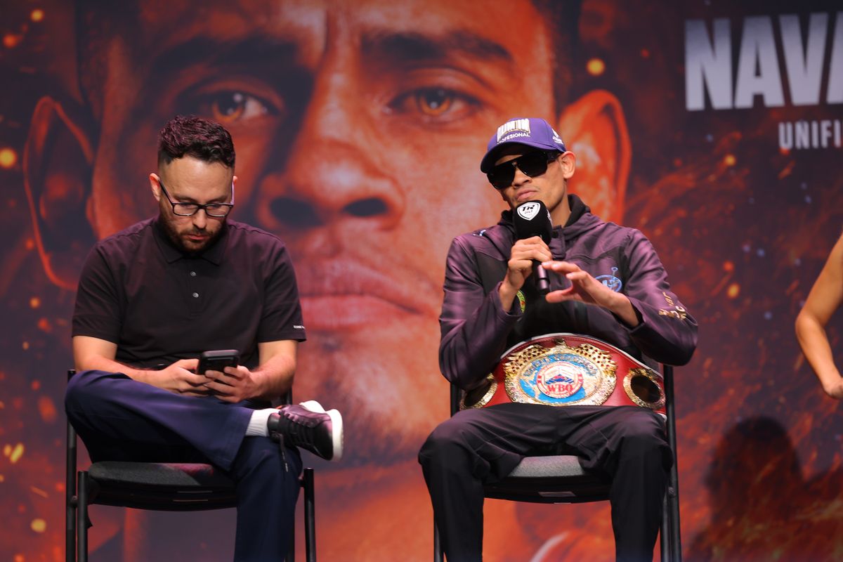 Emanuel Navarrete speaks at Thursday's final press conference ahead of Saturday night's unification fight against O'Shaquie Foster. 