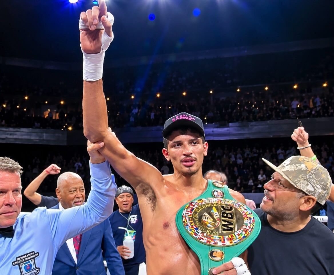 Sebastian Fundora gets his hand raised in the ring by referee Thomas Taylor following his knockout win over Ermal Hadribeaj to retain the WBC super welterweight title. Sebastian Fundora gets his hand raised in the ring by referee Thomas Taylor following his knockout win over Ermal Hadribeaj to retain the WBC super welterweight title.
