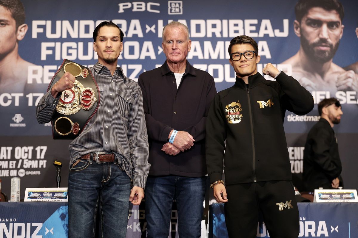 Brandon Figueroa, left, and Tomoki Kameda pose at Thursday’s final press conference ahead of their WBA featherweight title fight, which was canceled Saturday. Brandon Figueroa, left, and Tomoki Kameda pose at Thursday’s final press conference ahead of their WBA featherweight title fight, which was canceled Saturday.