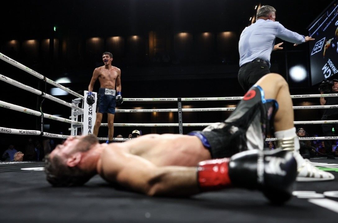 Ermal Hadribeaj lies on the canvas as the referee waves off the fight after Sebastian Fundora’s knockout in Round 12. Ermal Hadribeaj lies on the canvas as the referee waves off the fight after Sebastian Fundora’s knockout in Round 12.