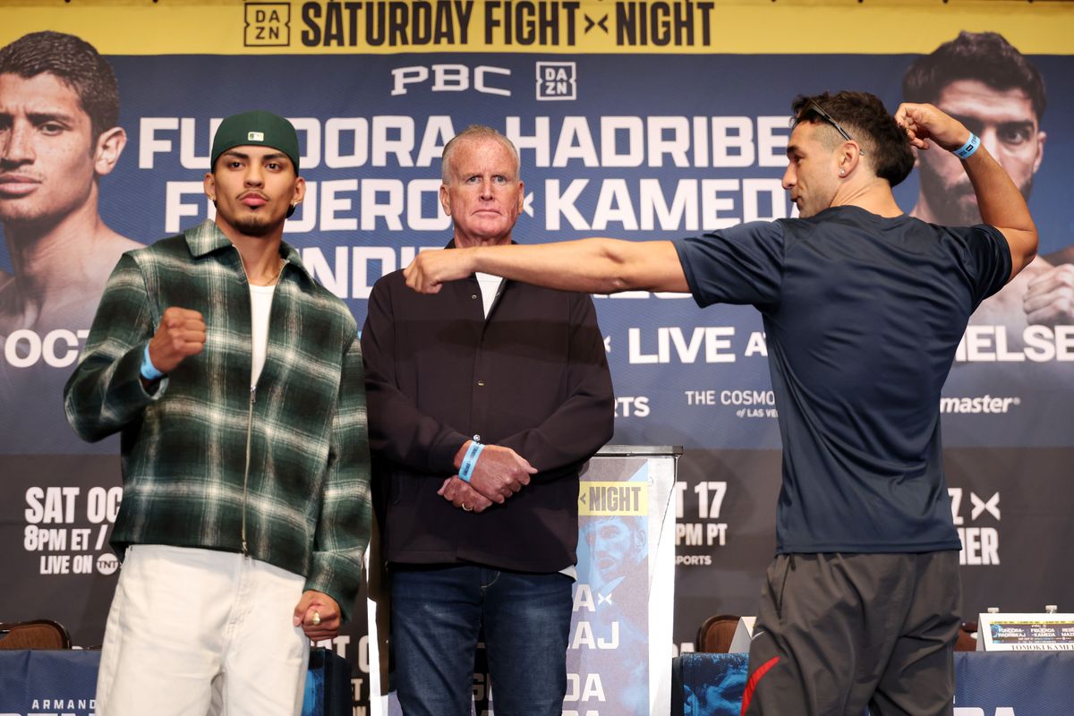 Marco Romero, left, and Braulio Matias Ferreira face off during Thursday’s final press conference for “The Fight” at The Cosmopolitan of Las Vegas. Marco Romero, left, and Braulio Matias Ferreira face off during Thursday’s final press conference for “The Fight” at The Cosmopolitan of Las Vegas.
