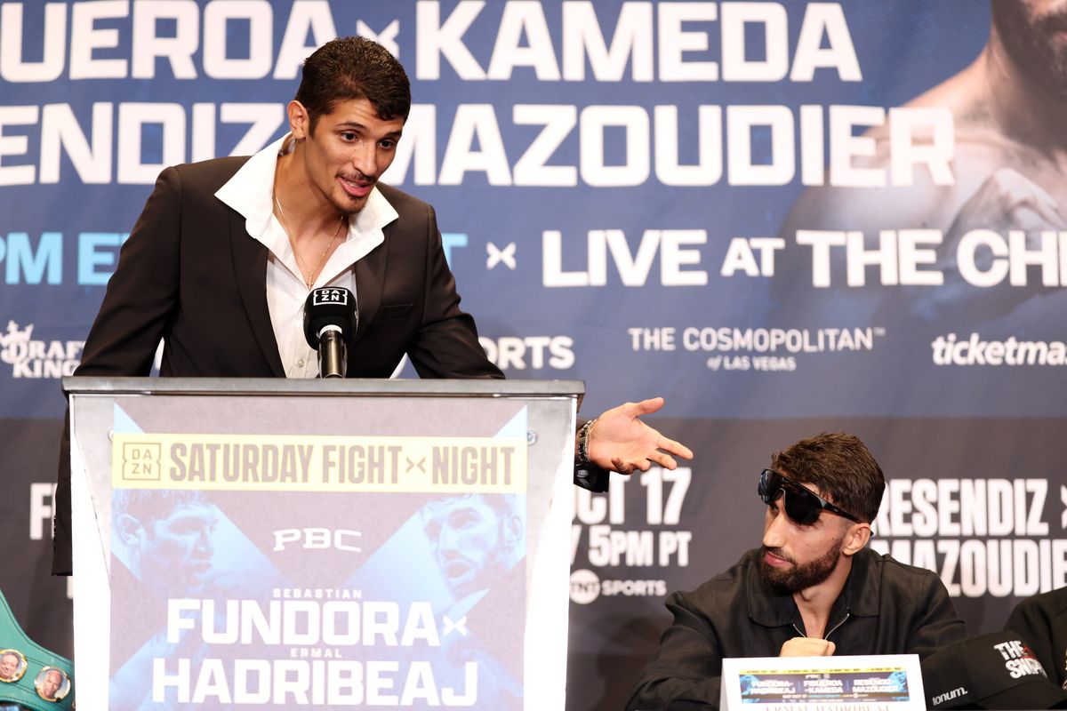 Sebastian Fundora speaks directly at Ermal Hadribeaj during Thursday's final press conference. Sebastian Fundora speaks directly at Ermal Hadribeaj during Thursday's final press conference.