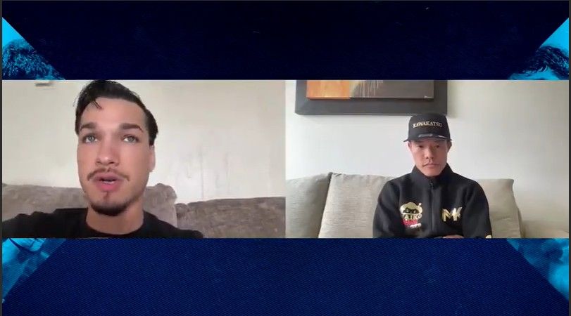 Brandon Figueroa (left) and Tomoki Kameda appear together during Thursday's virtual press conference ahead of their Oct. 17 featherweight title fight. Brandon Figueroa (left) and Tomoki Kameda appear together during Thursday's virtual press conference ahead of their Oct. 17 featherweight title fight.