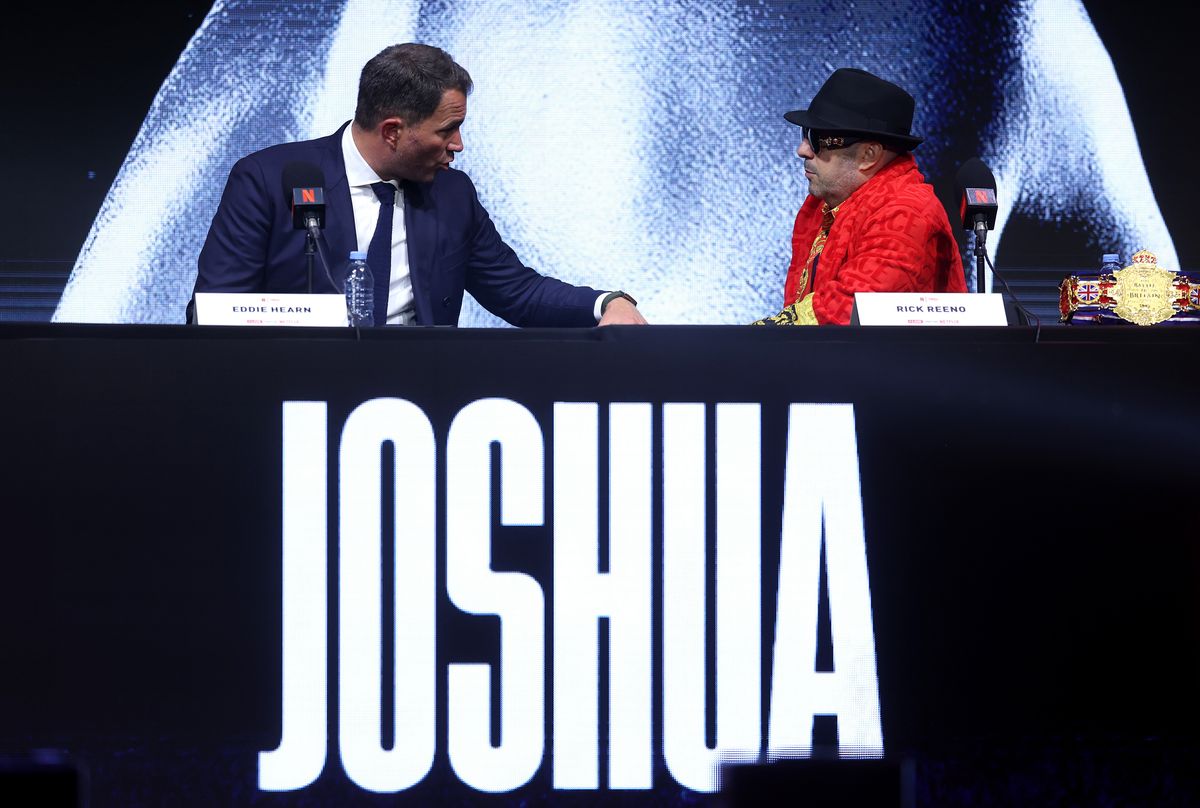 Matchroom Sport Chairman Eddie Hearn and Ring Magazine CEO Rick Reeno speak on stage at Wednesday's press conference for Tyson Fury against Anthony Joshua on December 11 in Cardiff, Wales. Matchroom Sport Chairman Eddie Hearn and Ring Magazine CEO Rick Reeno speak on stage at Wednesday's press conference for Tyson Fury against Anthony Joshua on December 11 in Cardiff, Wales.