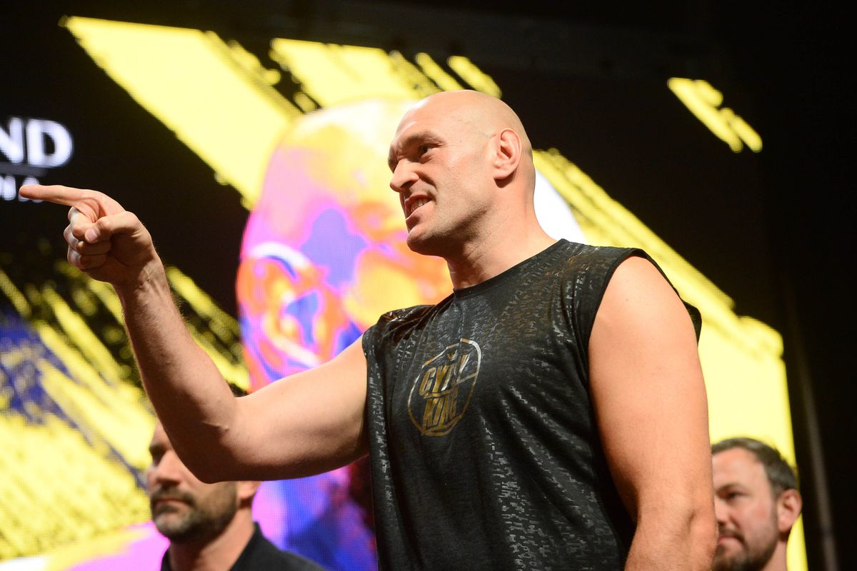 Feb 21, 2020; Las Vegas, Nevada, USA; Tyson Fury reacts after weighing in for his world heavyweight championship boxing match against Deontay Wilder (not pictured) at MGM Grand Garden Arena. Mandatory Credit: Joe Camporeale-USA TODAY Sports Feb 21, 2020; Las Vegas, Nevada, USA; Tyson Fury reacts after weighing in for his world heavyweight championship boxing match against Deontay Wilder (not pictured) at MGM Grand Garden Arena. Mandatory Credit: Joe Camporeale-USA TODAY Sports