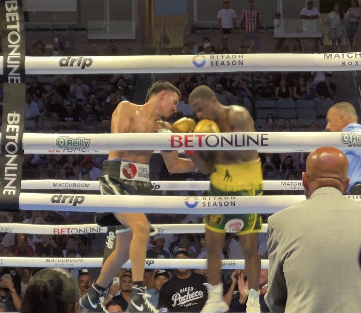 Pacheco works the body against Aleem, finding clean shots to the midsection throughout the fight that wore Aleem down and opened up the head shots that ultimately ended it. Pacheco works the body against Aleem, finding clean shots to the midsection throughout the fight that wore Aleem down and opened up the head shots that ultimately ended it.