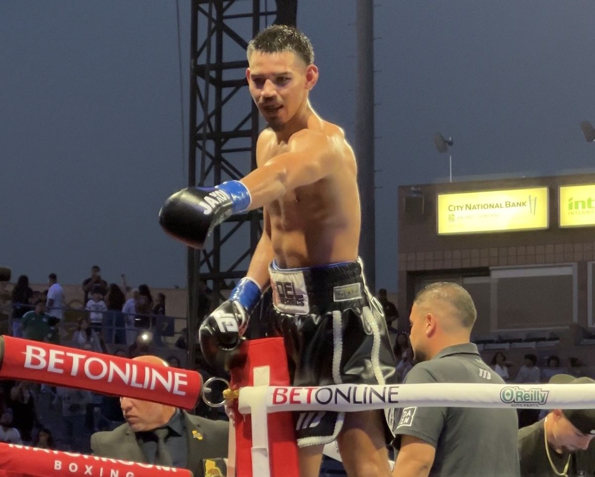 Diego Pacheco points into the crowd immediately following his knockout win at the war grounds in Carson Saturday Night. Diego Pacheco points into the crowd immediately following his knockout win at the war grounds in Carson Saturday Night.