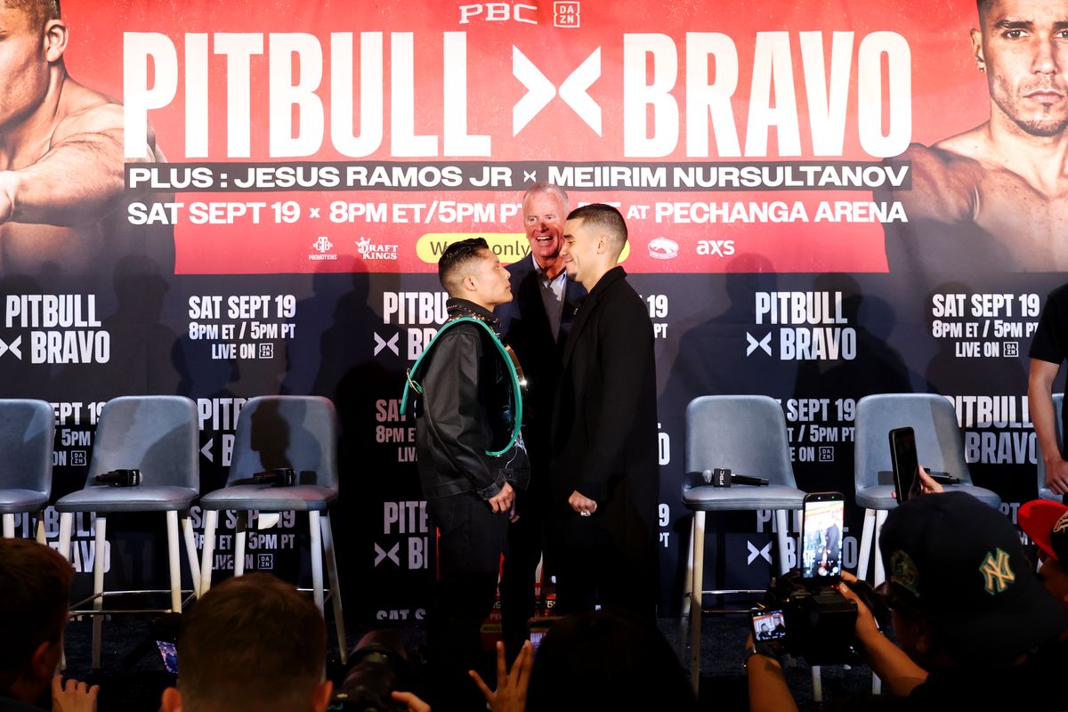 Isaac “Pitbull” Cruz and Nestor Bravo face off at Thursday's final press conference in San Diego. Isaac “Pitbull” Cruz and Nestor Bravo face off at Thursday's final press conference in San Diego.