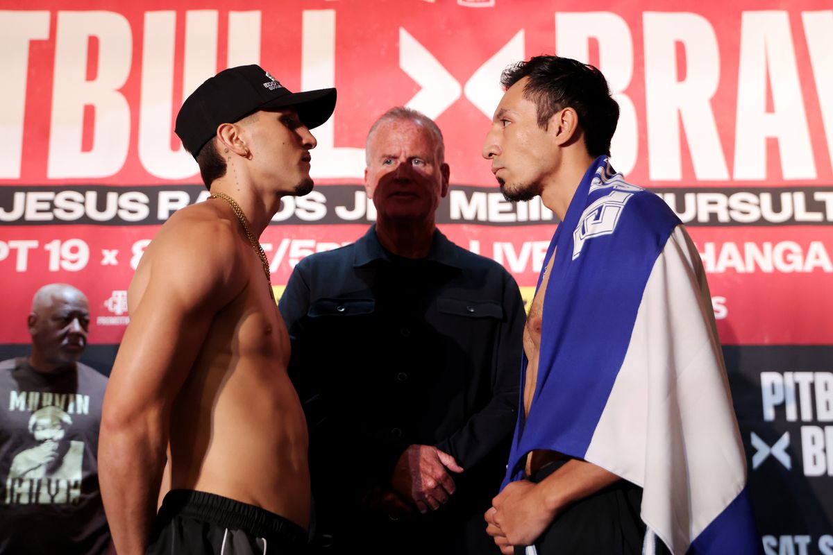 2024 Mexican Olympic silver medalist Marco Verde (left) faces off with Guillermo Hernandez as TGB Promotions president Tom Brown looks on, ahead of their super middleweight bout Saturday night. 2024 Mexican Olympic silver medalist Marco Verde (left) faces off with Guillermo Hernandez as TGB Promotions president Tom Brown looks on, ahead of their super middleweight bout Saturday night.