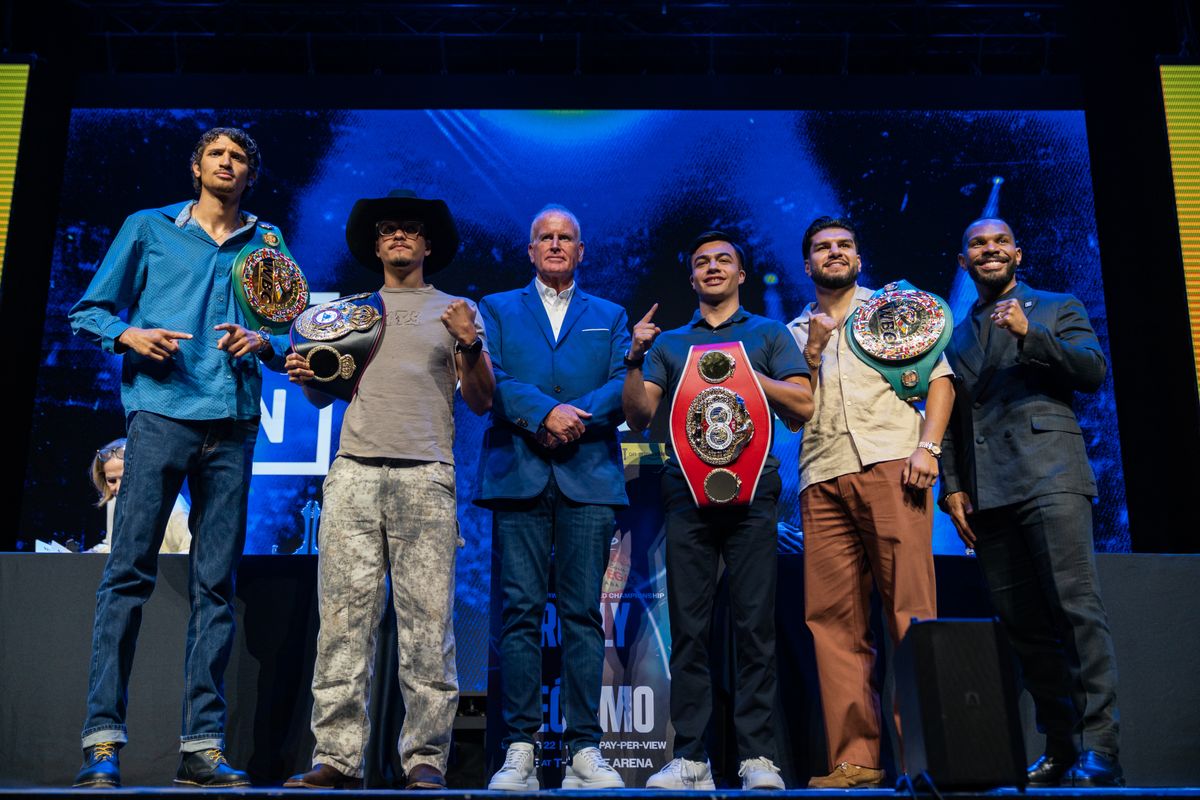 Sebastian Fundora, Brandon Figueroa, Jose Salas Reyes and Jesus Ramos Jr. pose for a photo with TGB's Tom Brown and DAZN's Britton Hardin at Thursday press conference at the Avalon in Hollywood, Ca. Sebastian Fundora, Brandon Figueroa, Jose Salas Reyes and Jesus Ramos Jr. pose for a photo with TGB's Tom Brown and DAZN's Britton Hardin at Thursday press conference at the Avalon in Hollywood, Ca.