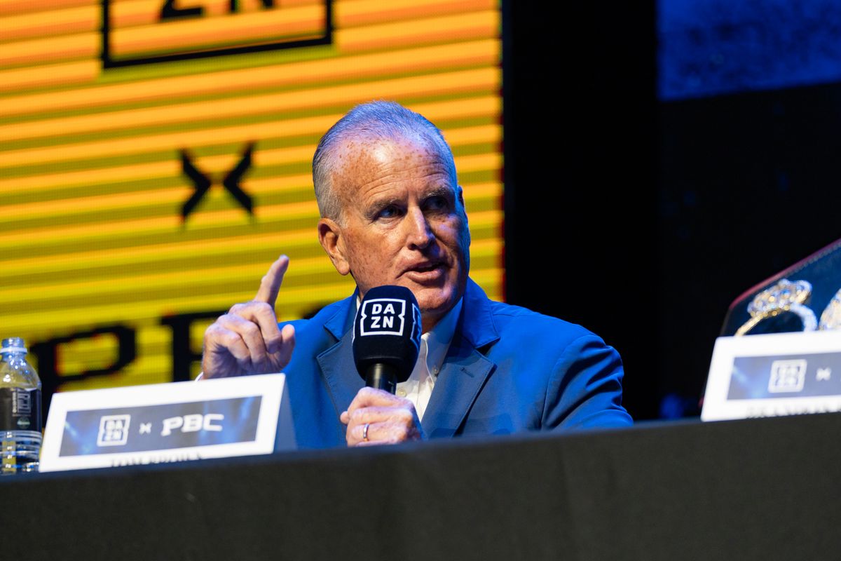 TGB Promotions' Tom Brown speaks during Thursday's press conference announcing the DAZN-PBC partnership and the August 22 Teofimo Lopez-Rolly Romero welterweight title fight at T-Mobile Arena in Las Vegas.