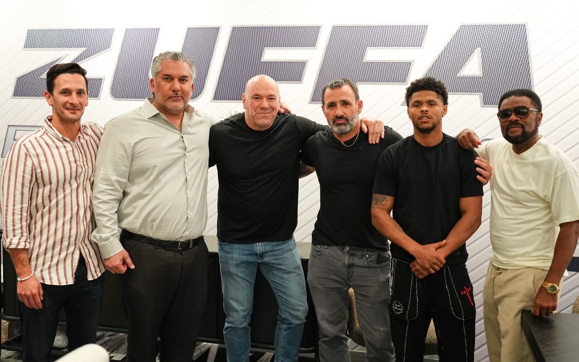 Shakur Stevenson and manager J. Prince pose with Dana White and other Zuffa Boxing executives after Stevenson’s signing in July. Shakur Stevenson and manager J. Prince pose with Dana White and other Zuffa Boxing executives after Stevenson’s signing in July.