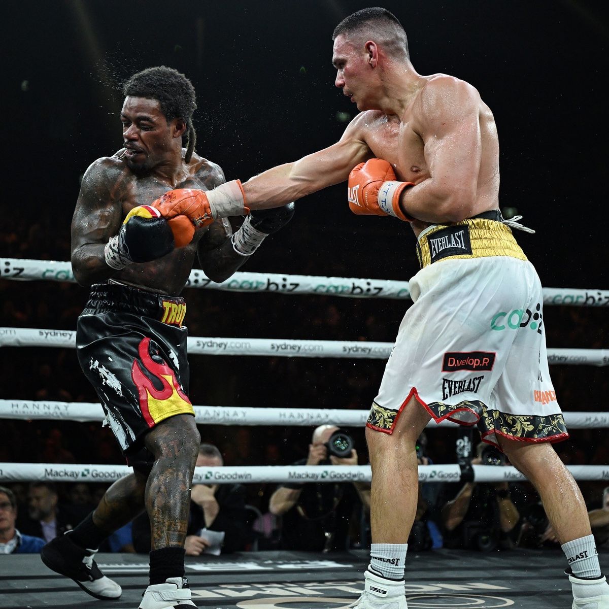 A right hand from Tim Tszyu snaps Errol Spence Jr.'s head back during their middleweight bout Saturday night at Afterpay Arena in Sydney. A right hand from Tim Tszyu snaps Errol Spence Jr.'s head back during their middleweight bout Saturday night at Afterpay Arena in Sydney.