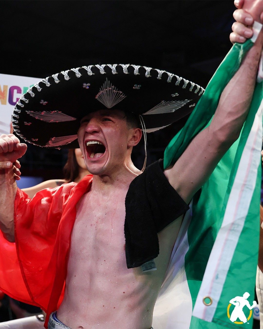 William Zepeda roars in celebration after one of his previous victories, the Mexican flag raised high behind him.