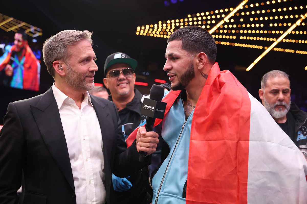 Edgar Berlanga speaks to Max Kellerman in the ring following his seventh round TKO against Steven Butler at Zuffa 09 Edgar Berlanga speaks to Max Kellerman in the ring following his seventh round TKO against Steven Butler at Zuffa 09