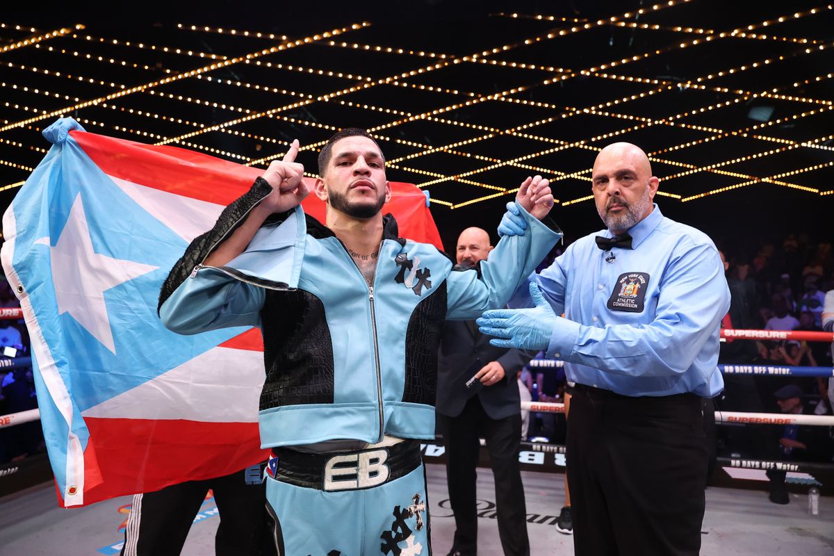 Edgar Berlanga has his hand raised after his seventh-round TKO win over Steven Butler at Infosys Theater inside Madison Square Garden, Sunday, in New York. Edgar Berlanga has his hand raised after his seventh-round TKO win over Steven Butler at Infosys Theater inside Madison Square Garden, Sunday, in New York.
