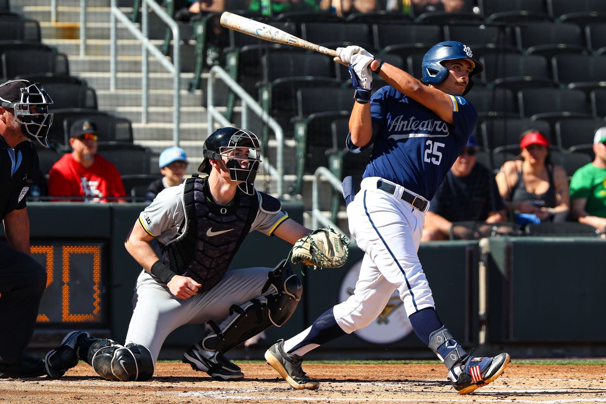 UC Irvine Anteaters 1B Alonso Reyes (25) follows through after a base hit against the Oregon Ducks at the 2026 Live Like Lou Las Vegas College Baseball Classic on Saturday, February 28, 2026, at Las Vegas Ballpark in Las Vegas, Nevada. 