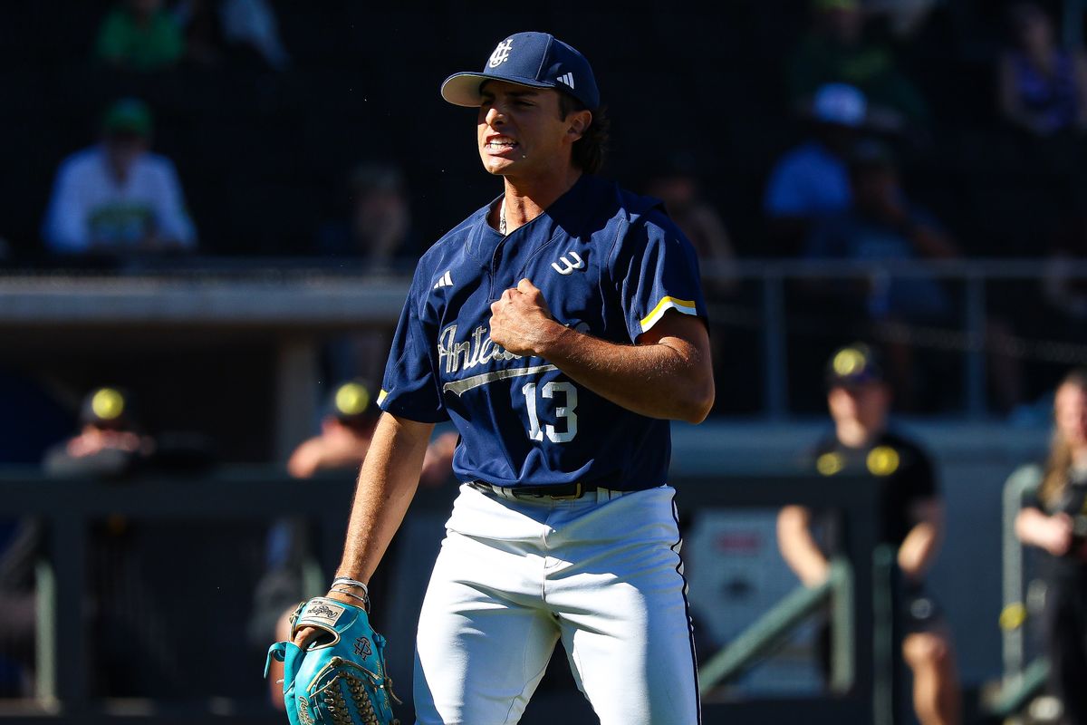 UC Irvine Anteaters LHP Ricky Ojeda (13) reacts after striking out the side against the Oregon Ducks at the 2026 Live Like Lou Las Vegas College Baseball Classic on Saturday, February 28, 2026, at Las Vegas Ballpark in Las Vegas, Nevada. 